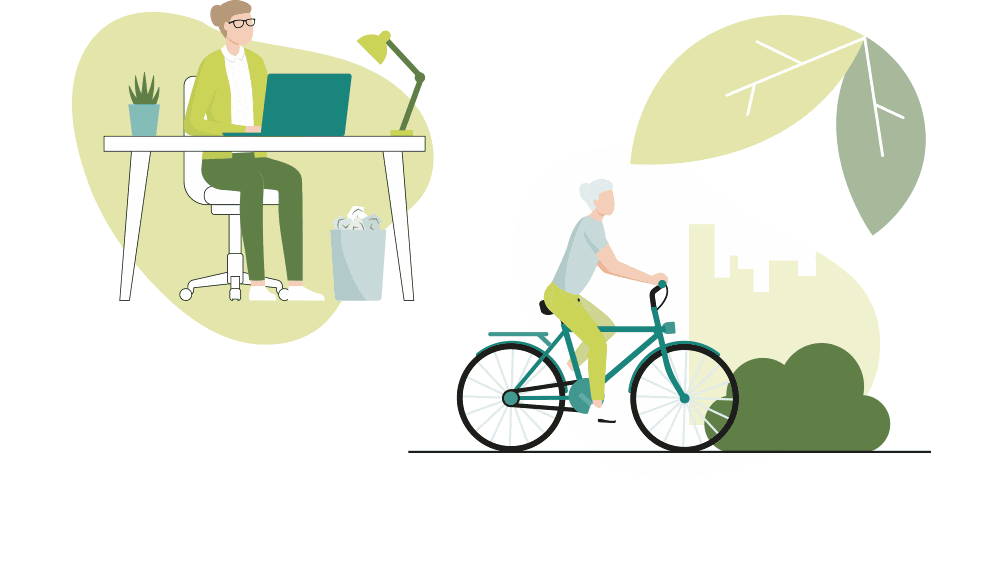 Grafik: Frau am Arbeitsplatz und beim Fahrrad fahren