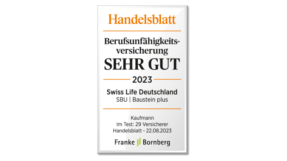 Handelsblatt vom 25.08.2021 | SEHR GUT für Swiss Life SBU, Baustein plus (Musterfall Kaufmann, Handwerker) | Im Test insgesamt 29 Versicherer