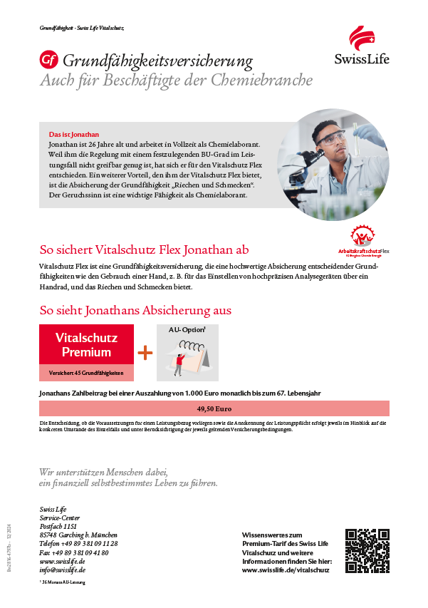 Download-Link zum Swiss Life Vitalschutz Zielgruppen-Flyer Berufstätige in der ChemieRente