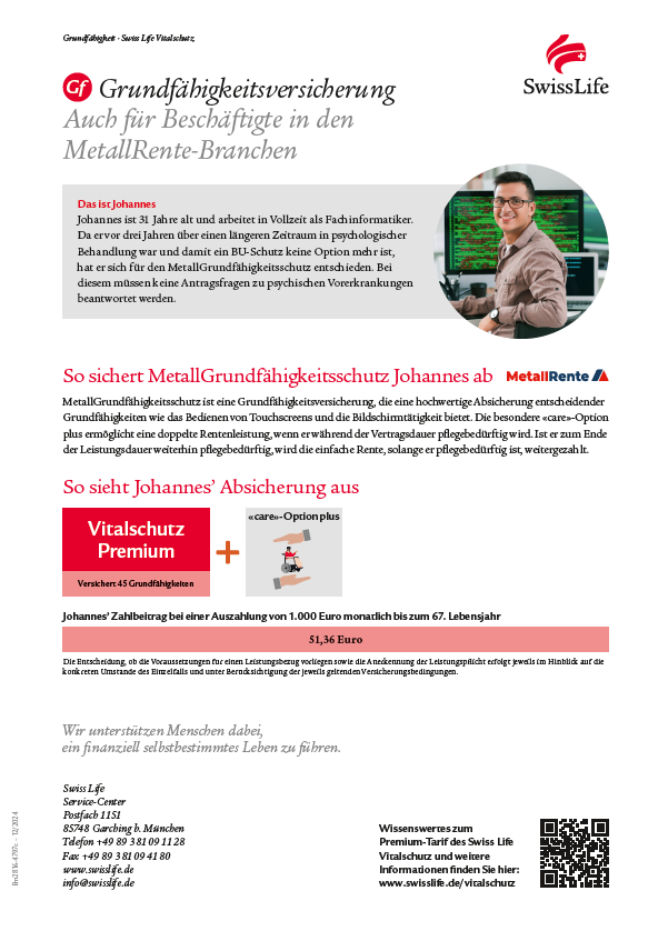 Download-Link zum Swiss Life Vitalschutz Zielgruppen-Flyer Berufstätige in MetallRente Branche