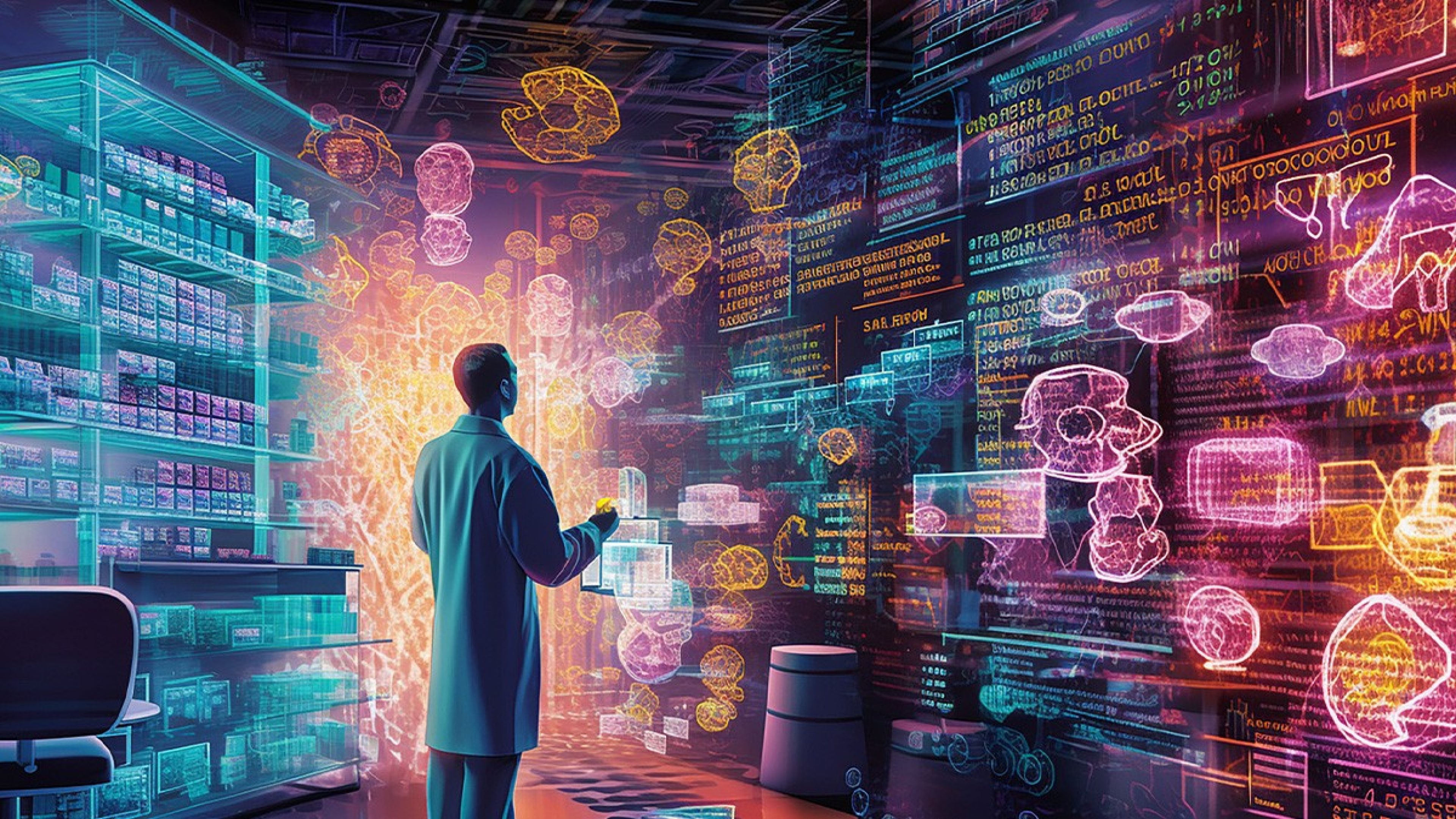 Ein Forscher steht vor einer virtuellen Wand mit Formeln und Zeichnungen