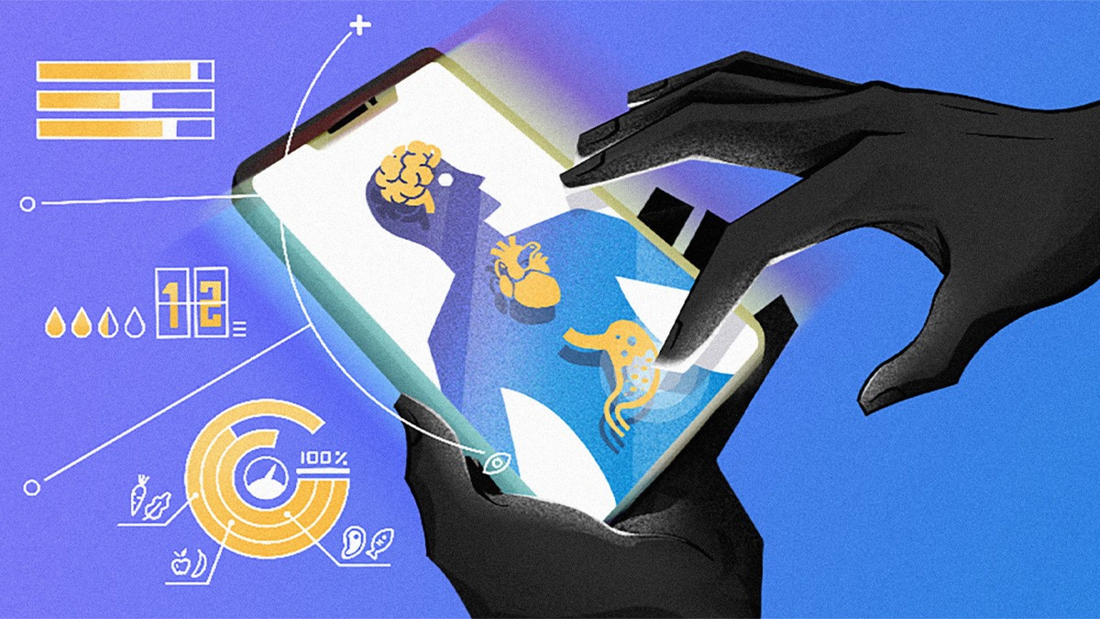 Illustration eines Smartphones, auf dem eine Menschliche Silhouette und bestimmte Organe zu erkennen sind