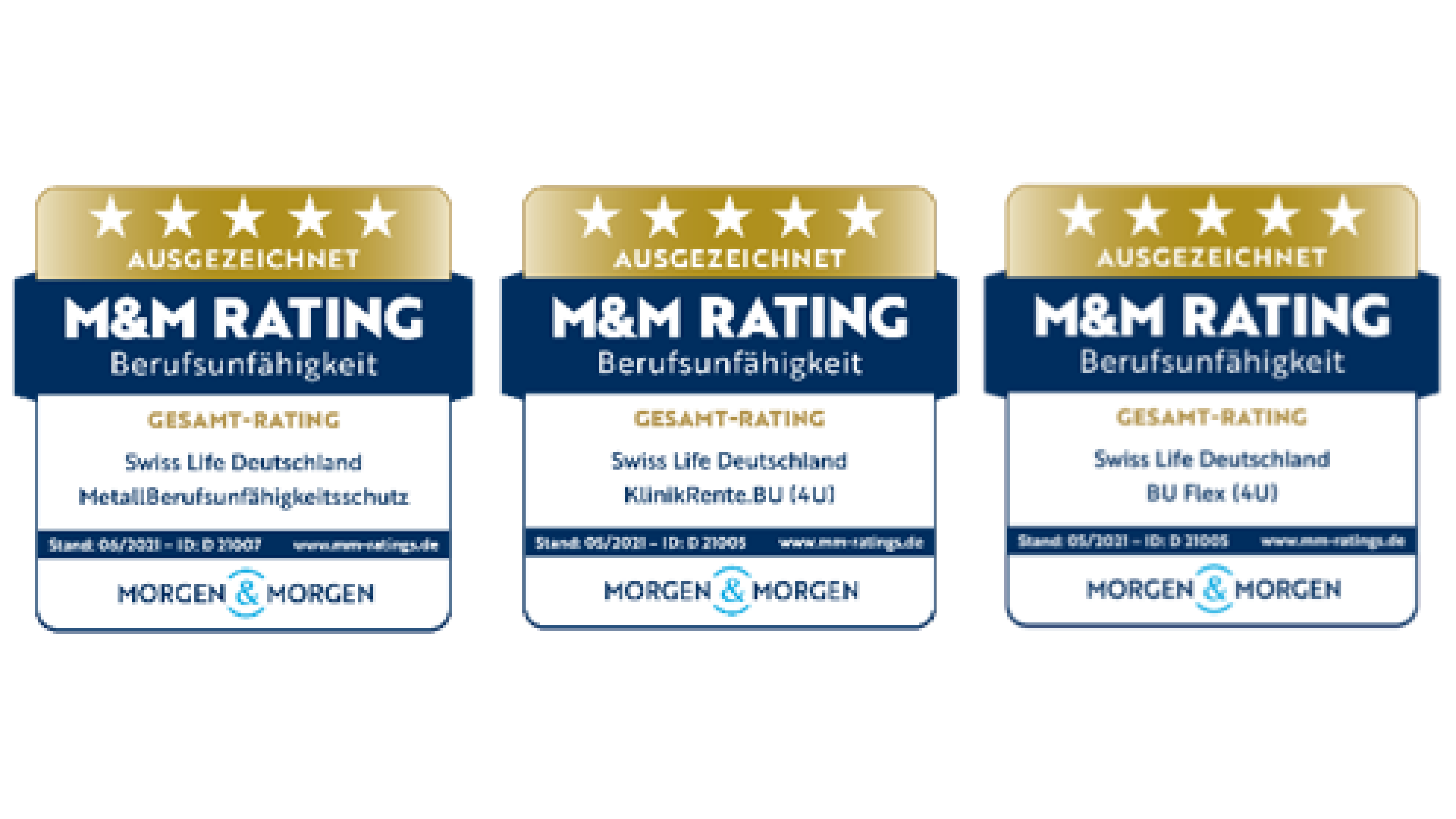 Auszeichnung von Morgen & Morgen mit der Benotung Ausgezeichnet für Swiss Life BU, MetallBU, KlinikRente BU und BU Flex