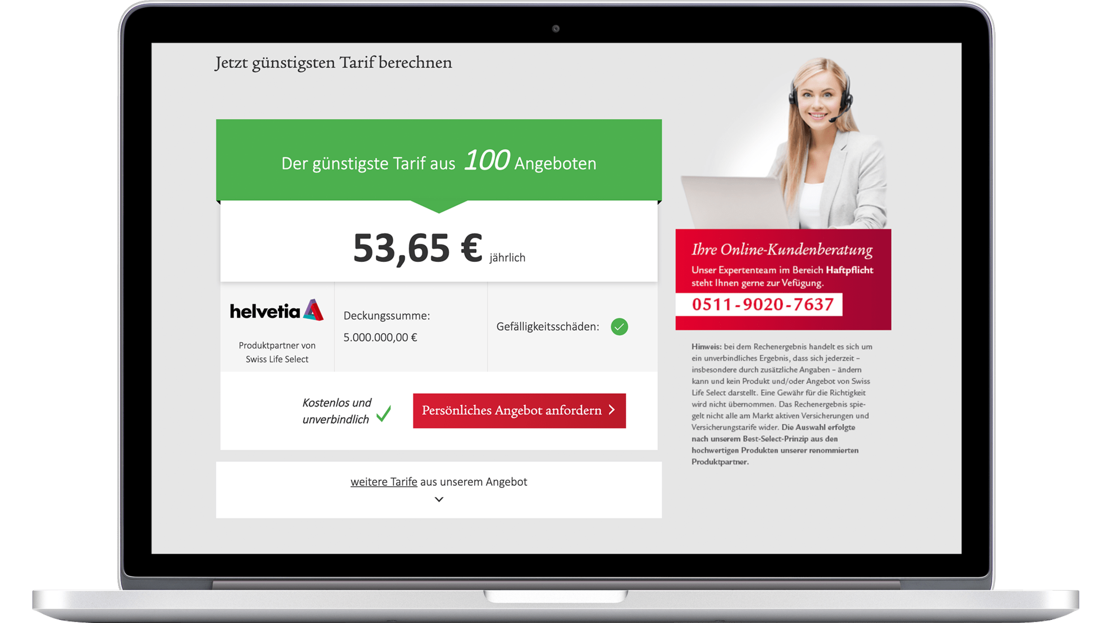 Screen des Onlinerechners für die Haftpflichtversicherung