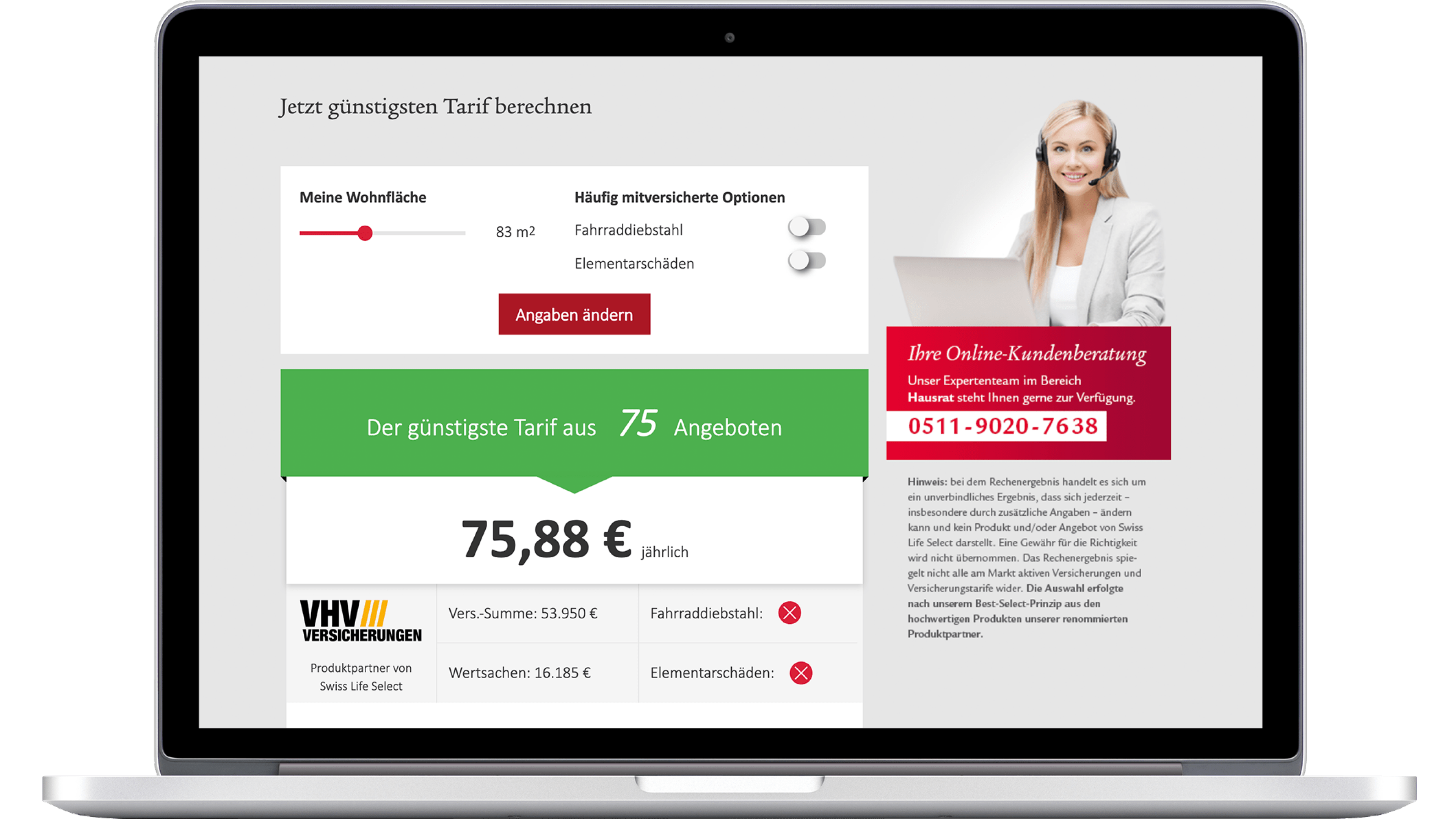 Screen des Onlinerechners für die Hausratversicherung