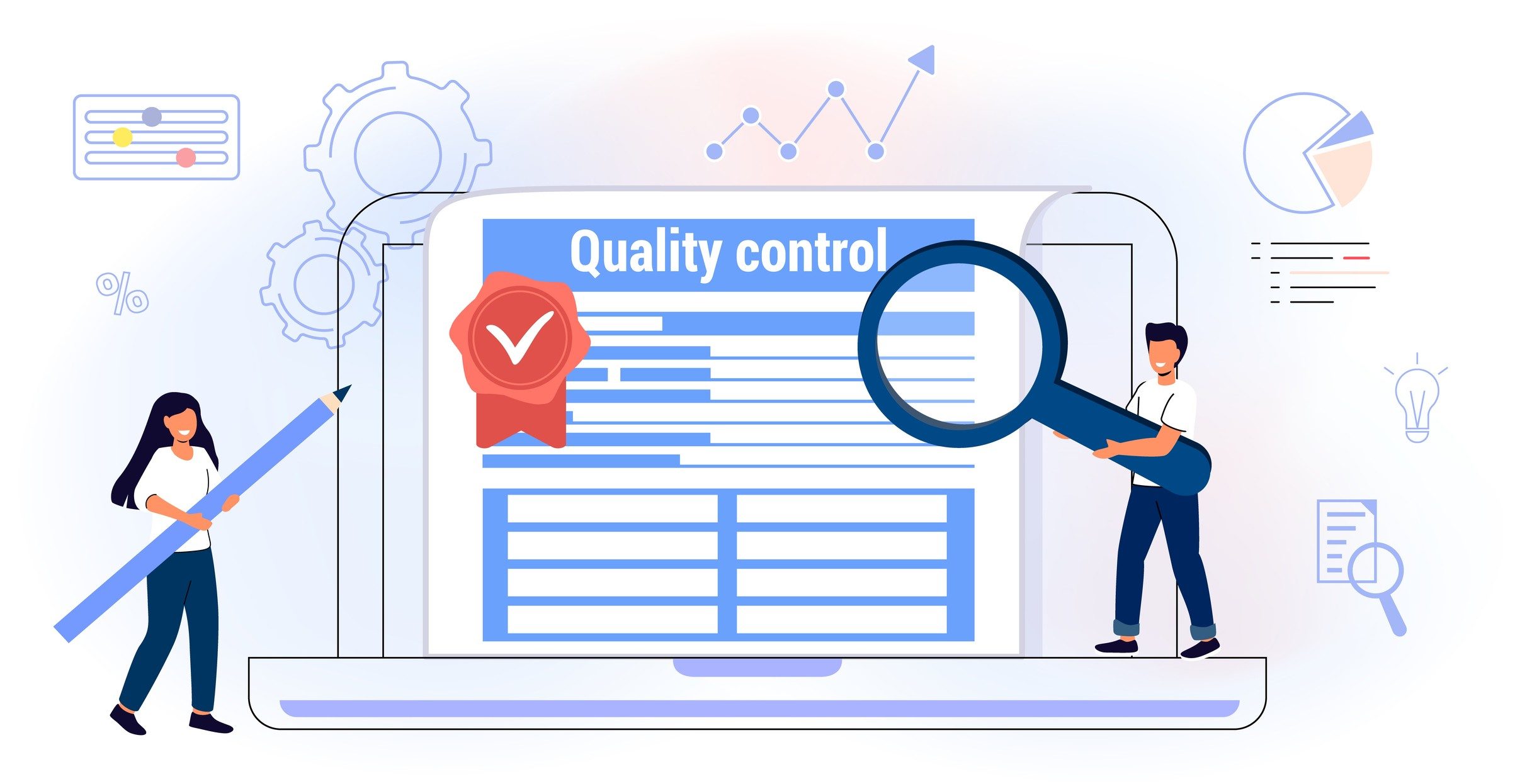 Quality control and product satisfaction research check Controlling business iso standard certificate accept Validation documents Inspection errors or mistakes Vector illustration concept Flat style