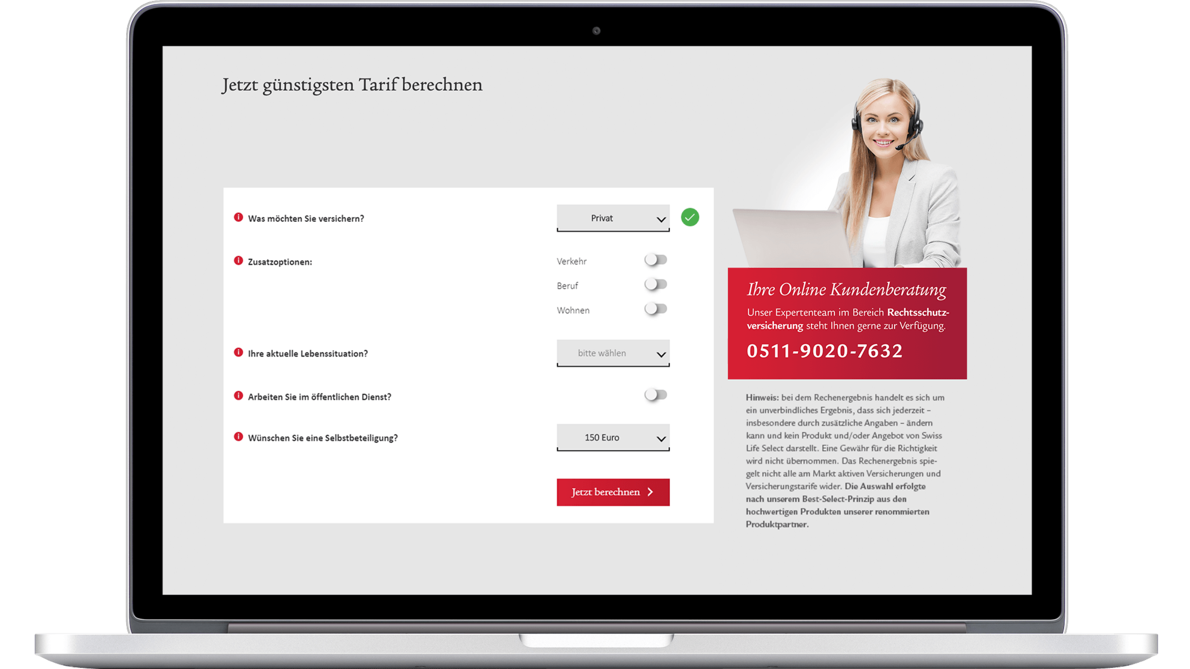Screen des Onlinerechners für die Rechtsschutzversicherung